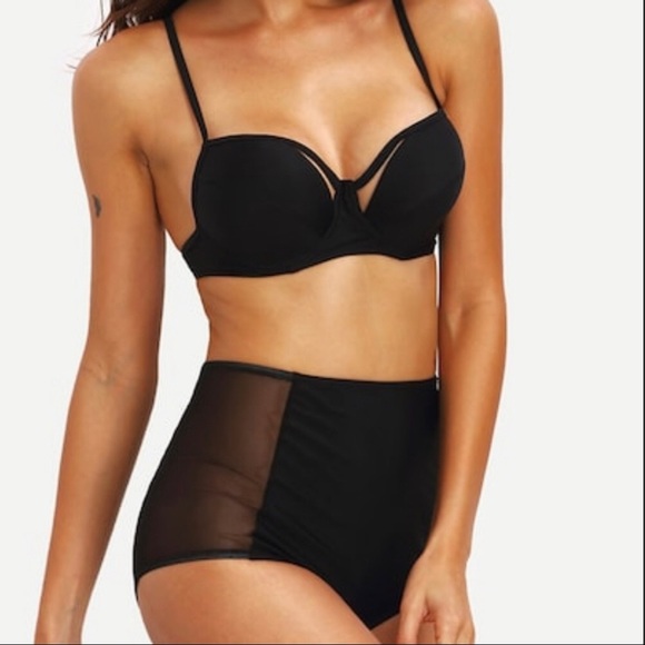 Vintage Inspired Black Mesh Panel High Waist Bikini NWT - Picture 3 of 6